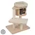 Cat tree made of wood with three levels, sisal posts and padded lying areas. Cat sits in the middle cave. Top level with round cuddly bed.