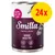Smilla Mixed Meat Pot 400 g, 24x. Text: Poultry, Beef and Game, Food for a Lifetime, Contains Taurine, Grain-Free. Delvis synlig kattass på burken.