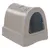 Maison de toilette pour chat en plastique gris avec porte battante foncée et aération sur le dessus, sans marque visible.