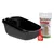 Schwarze PeeWee Katzentoilette mit roter Streuschaufel und PeeWee Holzpellets im Beutel.