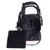 Sac de transport noir pour animaux, ouvert avec coussin amovible en tissu noir à côté, poignée et bandoulière visibles, parties en maille sur le dessus et l’avant.