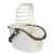 Boîte de transport blanche avec poignée marron et couvercle rabattable, adaptée aux animaux de compagnie. Design aéré en plastique.