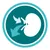 Icon of a kidney shape with two arrows pointing towards it, white on teal background inside a circular border