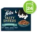 Purina Felix Tasty Shreds, assortiment de poissons en sauce, lot de 24. Texte visible : Lachs, Thunfisch, Kabeljau, Scholle. Illustration d’un chat et d’une gamelle.