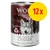 Wolf of Wilderness The Taste of Canada, 12 x 400 g, 100 % grain-free recipe, with fresh beef, cod, turkey and cranberries. Stor gul cirkel med röd text: 12x.