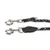 Close-up of two metal snap hooks attached to a black woven lead with white accents, showing connection points and material details.