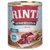 RINTI Kennerfleisch mit Rind Junior, s natpisima: mit Lachsöl, getreidefrei, reich an Omega 3. Prikaz komada mesa i iznutrica na limenci.
