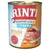 Rinti Kennerfleisch Junior mit Huhn, getreidefrei. Original. Reich an Omega3. Dåse med synlige stykker kød og indmad på etiketten.