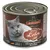 Leonardo Cat Food, bogata jetra, konzerva 200g. Proizvedeno u Njemačkoj. Prikaz sive mačke na smeđoj pozadini.