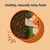 Bowl showing half dry pet food and half fresh ingredients including chicken, peas, carrots, rice, oats and herbs. Text above reads: Healthy, naturally tasty food!