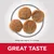 Four round kibbles shown with text stating kibble size approximately 5 by 12.5 millimetres and the phrase great taste.