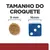 Tamanho do croquete: 9 mm de diâmetro, comparado com um dado azul de 16 mm. Texto visível: 'TAMANHO DO CROQUETE', '9 mm', '16 mm'.
