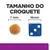 Tamanho do croquete: comparação visual entre um croquete de 7 mm de diâmetro e um dado azul de 16 mm de lado. Texto visível: 'TAMANHO DO CROQUETE', '7 mm', '16 mm'.