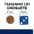 Tamanho do croquete: 9 mm de diâmetro ao lado de um dado azul com 16 mm. Texto visível: 'TAMANHO DO CROQUETE', '9 mm', '16 mm'.