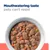 Bowl of wet pet food with meat chunks, peas and carrots. Text reads: Mouthwatering taste pets can't resist.