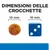 Dimensioni delle crocchette: diametro 10 mm, confronto con dado blu da 16 mm. Testo visibile: 'DIMENSIONI DELLE CROCCHETTE', '10 mm', '16 mm'.