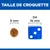 Comparaison de taille : croquette ronde 9 mm à côté d’un dé bleu 16 mm. Texte visible : « TAILLE DE CROQUETTE », « 9 mm », « Dé 16 mm ».