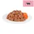 Portion of wet food with meat pieces and carrots on a plate, cow symbol in pink corner.