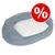 Cama ovalada para mascotas en tela gris y superficie interior blanca, con símbolo de porcentaje en círculo rojo indicando oferta o descuento visible.