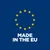Текст на английски: MADE IN THE EU, под кръг от 12 жълти звезди на син фон. Означава произведено в Европейския съюз.