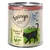 Tin labelled chicken and trout with potato and parsley, adult, 800g. Includes illustration of a black cat and countryside background. Text: homemade taste begins with love.