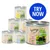 Selection of Feringa adult single meat tins in various flavours, including veal with broccoli and dandelion, chicken, lamb, duck, and salmon. Blue circle with text: TRY NOW.