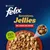 Purina Felix Sensations Jellies Selezioni Deliziose, senza coloranti. Immagine di bocconcini in gelatina su piatto rosso.