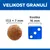 Velikost granulí: granule 17,5 × 7 mm vedle modré kostky 16 mm pro porovnání velikosti. Nápisy: Velikost granulí, Kostka 16 mm.