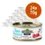 24 lattine da 70 g di Greenwoods Delight Tuna Temptation, ricetta senza cereali, ingredienti limitati, 75% filetto di tonno. Testo visibile in inglese sull'etichetta.