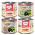 Vier Feringa Kitten Nassfutterdosen: Classic Chicken mit Lachs, Brokkoli und Petersilie; Rabbit & Chicken mit Kartoffeln und Löwenzahn; Turkey mit Kürbis und Katzenminze; Chicken mit Kalb.