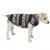 Animal wearing a patterned black and white coat, showing fit and coverage of the garment.