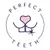 PERFECT TEETH text in a circle with stylised pet mouth, two square teeth and sparkle icon. All text in English.