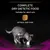 Complete dry dietetic food, suitable for adult cats. Kibble shown approx. size 9 mm. Grey spotted cat eating from a metal bowl.