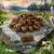 Brown kibble pieces displayed on a rock with a size guide showing each piece measures 20 to 23 millimetres.