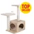Rascador beige para gatos con dos plataformas, postes de cuerda y cueva cuadrada. Juguete colgante en forma de ratón visible. Texto: TOP SELLER en círculo amarillo.