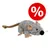 Juguete para gatos con forma de ratón gris, orejas y patas beige, cola trenzada marrón. Círculo rojo con símbolo de porcentaje blanco indica oferta o descuento.