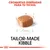 Texto: Croquetas diseñadas para tu teckel. Imagen de una croqueta con medida 1 cm. Texto en inglés: Tailor-made kibble.