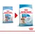 To poser Royal Canin Starter Mother & Babydog Medium 11–25 kg, venstre pose med ældre design, højre pose med nyt design. Synlig tekst: 1–2 months/mois, Adult weight 11–25 kg.