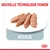 Nouvelle technologie humide, mousse. Quatre portions de mousse sur une assiette blanche, texte visible : MOUSSE. Logo Royal Canin en bas à droite.
