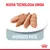 Nuova tecnologia umida, morbido paté. Immagine di quattro fette di paté su un piatto bianco. Marchio Royal Canin visibile in basso a destra.