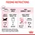 Feeding instructions for kittens aged 4 to 12 months, showing pouch-only and mixed kibble plus wet food options for a 4kg adult target weight. Includes portion sizes and energy info.