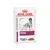ROYAL CANIN VETERINARY RENAL thin slices in gravy pouch with dog image and food pieces shown on front. Purple and white packaging. ROYAL CANIN VETERINARY RENAL thin slices in gravy pouch with dog image and food pieces shown on front. Purple and white packaging.