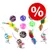 Juguetes para gatos: pelotas y ratones de colores variados con plumas. Círculo rojo con símbolo de porcentaje blanco, indicando oferta o descuento visible en la imagen.