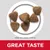 Triangular kibble pieces shown with text stating kibble size approximately 8 by 8 millimetres and a label reading great taste.