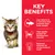 Tekst na engleskom: Key benefits. Low calories & L-Carnitine help promote ideal body weight. High-quality protein for building lean muscles. Balanced minerals for strong bones & teeth.