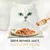 White cat behind a plate of shredded meat with text: Serve refined juicy, succulent pieces.