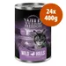 Wild Freedom Wild Hills Chicken with Duck, 24x400g, 100% grain-free recipe. Immagine di una lattina con gatto e paesaggio montano sullo sfondo.