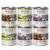 6 puszek Wolf of Wilderness 800 g: Oak Woods, Green Fields, Wild Hills. Widoczne napisy: 100% grain-free. Grafiki wilka i krajobrazów na etykietach.