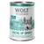 Conservă Wolf of Wilderness Arctic Spirit 400g, etichetă cu text: 100% grain-free, Arctic Spirit, ren, fructe de pădure, rădăcini și ierburi sălbatice. Text în engleză și germană.