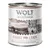 Wolf of Wilderness 100% grain-free, Strong Lands, porc avec baies sauvages, racines et herbes sauvages, boîte 800 g. Texte en anglais et allemand visible.